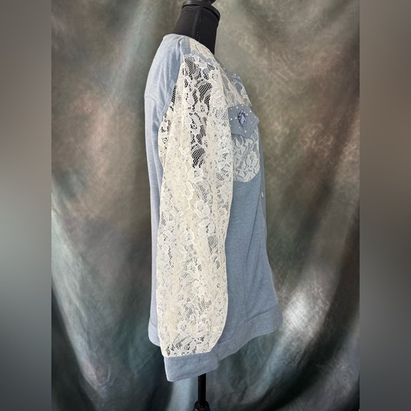 Vintage Lacy Afternoon Blue Button-Down Shirt with Lace & Floral Details - Picture 10 of 10
